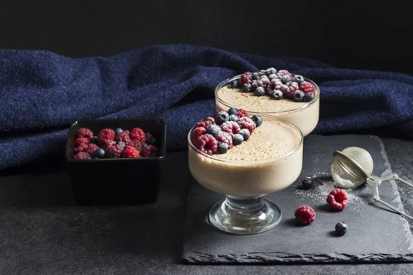 Ryazhenka Fermented Baked Milk Mousse Glass Bowls Decorated Fresh Berries — Stock Photo, Image