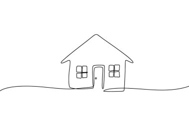 Pencereleri ve kapısı olan basit bir evin tek çizgi çizimine sahip bir vektör evi. Çeşitli uygulamalar için uygun ölçeklenebilir tasarım. Yazdırma ve dijital ortam için uygun ölçeklenebilir vektör biçimi.