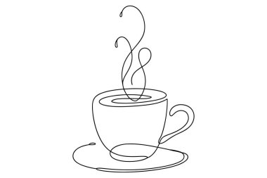Bir minimalist siyah çizgi bir kahve fincanı ve fincan tabağı tasvir eder. Devamlı çizgi fincanın dış hatlarını, sapını ve dairesel daireyi oluşturur. Bardaktan çıkan buhar parçaları soyut, kıvrımlı çizgiler, sıcak bir içecek olduğunu gösteriyor. Arka taraf.