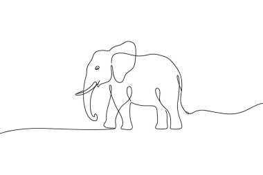 Beyaz arka planda bir filin minimalist siyah çizgisi. Tüm görüntü, gövdesi, fildişleri, büyük kulakları, bacakları ve kuyruğu da dahil olmak üzere filin ana hatlarını oluşturan sürekli tek bir çizgiden oluşur. Tarzı basit ve kaslı.