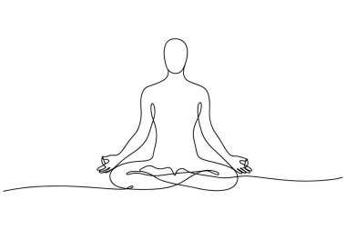 Minimalist tek bir çizgi, insan figürünün meditasyon poziyonunu betimler, özellikle de lotus pozisyonunu. Tüm form, beyaz arka plana karşı sürekli siyah bir çizgi ile oluşturulmuştur. Bacak bacak üstüne atmış bir figür.