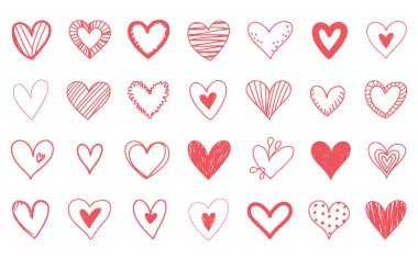 Beyaz arka planda düzenlenmiş çeşitli desenlere ve dokulara sahip kırmızı kalp karalamalarından oluşan bir derleme. Her kalbin kendine has çizgileri, puantiyeleri ve farklı gölgeleme teknikleri vardır. Kalpler basit ve temiz bir stil ile çizilmiştir.