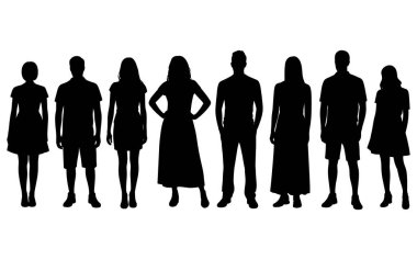 Çeşitli pozlarda duran yedi siyah siluet beyaz arka plana karşı duruyor. Rakamlar arasında bazıları şort ve kısa kollu gömlekler gibi günlük giysiler giyerken, diğerleri daha resmi giysiler giymekte: