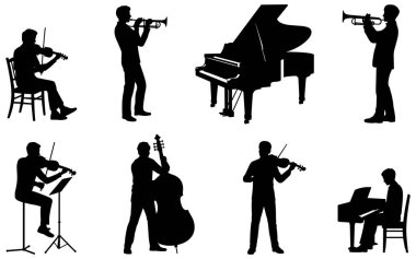 Çeşitli enstrümanlar çalan müzisyenlerin siyah siluetleri. Keman, çello, trompet ve piyano çalan müzisyenler var. Müzisyenler farklı pozlarda tasvir ediliyor, bazıları ayakta, bazıları oturarak, müzik aletleriyle belirgin bir şekilde farklı.