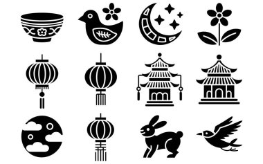 Bir şebeke içinde düzenlenmiş siyah beyaz koleksiyonu. Bunlar arasında balık, tavşan ve uçan kuşun yanı sıra çiçekler, yıldızlı bir ay ve pagoda ve fener gibi geleneksel mimari yapılar da yer alıyor. Tarzı...