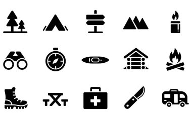Çeşitli kamp ve açık hava aktivitelerini temsil eden siyah beyaz bir koleksiyon. Ağaçlar için semboller, çadır, dağlar, kamp ateşi, sırt çantası, bisiklet, pusula, tekne, kamara, yürüyüş botları, ilk yardım çantası, bıçak ve bir karavan.