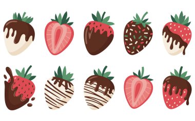 Çikolata kaplı dokuz çilekten oluşan bir koleksiyon, her biri farklı malzemelerle ve çilekler üç sıra ve üç sütunla bir ızgarada sıralanır. Her çilek ya siyah ya da beyaz çikolatayla kaplıdır ve çeşitli süslerle süslenir.