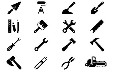 Çeşitli araç ve gereçleri temsil eden siyah ve beyaz bir koleksiyon. Bir çekiç, İngiliz anahtarı, pense, testere, tornavida, cetvel, kalem, boya fırçası, makas, keski ve testere. Her biri düz, minimalist bir şekilde tasvir edilir.