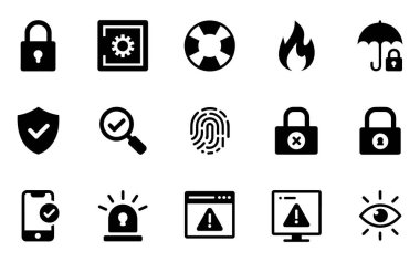 Güvenlik ve güvenlikle ilgili on iki siyah beyaz koleksiyon. Kilitli bir asma kilit, işaretli bir kalkan, işaretli bir büyüteç, bir parmak izi, X 'li bir kilit, kilitsiz bir kilit, işaretli bir telefon, bir polis