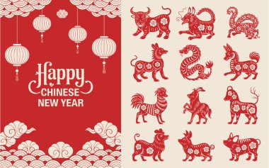 Kırmızı ve altın renginde bir Çin Yeni Yılı 'nın canlı bir kutlaması. Sol tarafta kırmızı fenerler ve karmaşık bulut desenleriyle süslenmiş şenlikli bir arka plan var. Sağ tarafta her biri karmaşık bir şekilde tasarlanmış on iki zodyak hayvanı sergileniyor.