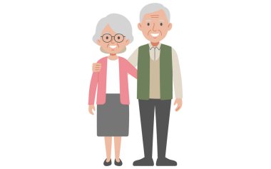 Yaşlı bir çift yan yana durur, sıcak bir şekilde gülümserler. Kadın gri saçlı, gözlüklü, beyaz gömleğin üzerine pembe bir hırka ve gri bir etek giyiyor. Adamın gri saçları, beyaz gömlekli yeşil bir yeleği ve siyah pantolonu var. İkisi de giyinik.