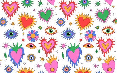 Beyaz arka planda tekrar eden renkli eriyen kalpler ve gözler deseni. Kalpler kırmızı, yeşil, pembe ve sarı olmak üzere çeşitli canlı renklerdedir ve damlayan boya etkisi vardır. Gözler de rengarenk, mavinin farklı tonlarında.