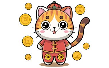 Büyük, anlamlı gözleri ve neşeli bir ifadesi olan sevimli bir çizgi film kedisi. Kedi, altın düğmeli kırmızı geleneksel bir kıyafet giyiyor ve kedinin etrafını çevreleyen yeşil süslemeli kırmızı bir şapkası var.