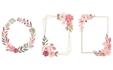 Solda, yeşil yapraklar ve böğürtlenlerle birlikte pembe ve kırmızı çiçeklerden oluşan dairesel bir çiçek çelengi var. Ortasında ve sağında, pembe ve kırmızı renkte çiçeklerle süslenmiş iki köşe süslemesi var.