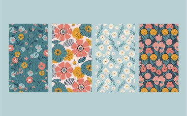 Dört farklı çiçek deseni yan yana dizilmiş. Her desen mavi, pembe, sarı ve beyaz tonlarında çeşitli çiçekler gösteriyor. Kalıplar farklı çiçek aranjmanları ve kompozisyonlarla biçimlendirilmiş ve soyut. İlk patırtı