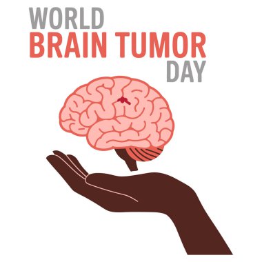 Görünür bir tümörle stilize bir beyni tutan bir el. Beyin pembeyle betimlenmiş, ortasında küçük kırmızı bir tümör var. El koyu kahverengi bir renkle gösterilir, beşiği nazikçe beşikte tutar. Arka plan düz beyaz, vurgulu.