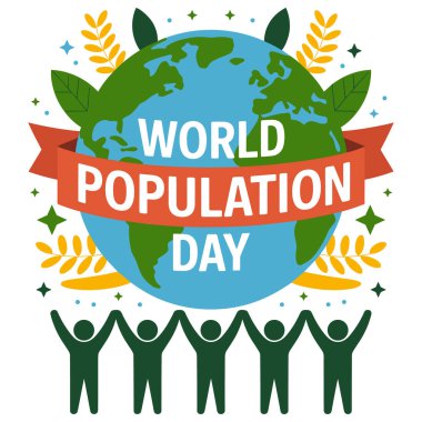 Canlı bir Nüfus Günü kutlaması. Merkezde sarı ve yeşil yapraklarla çevrili yeşil ve mavi renkli bir küre var. Dünya genelinde üzerinde POPULATION GÜNÜ yazılı kırmızı bir pankart sarıldı. Dünya 'nın altında, birkaç yeşil insan figürü