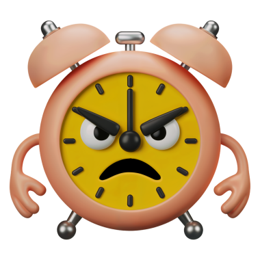 Sarı yüzlü ve kırmızı vücutlu bir çalar saatin üç boyutlu dijital görüntüsü. Saatin karikatürize edilmiş siyah kaşları olan kızgın bir ifadesi, altüst olmuş bir ağzı ve siyah gözbebekleri olan beyaz gözleri var..