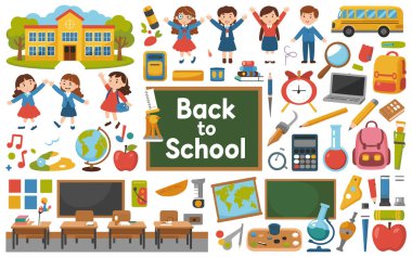 Okula dönüş teması etrafında canlı ve renkli bir tema. Okul üniforması giymiş neşeli çocuklar, sırt çantaları, kitaplar, kalemler ve bir elma gibi çeşitli okul malzemelerini içerir. Sahne aynı zamanda bir dünya gibi eğitici.