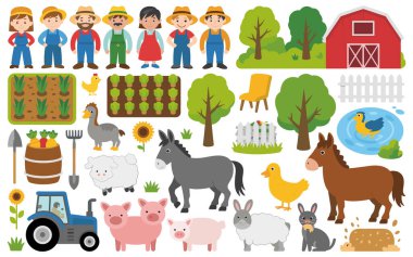 Renkli tulum ve şapkalar giyen çiftçilerin olduğu canlı bir çizgi film sahnesi. Çiftçiler, tavuk, ördek, domuz, koyun, eşek ve at da dahil olmak üzere çeşitli çiftlik hayvanlarının yanında tasvir ediliyor. Olay yerinde çiftlik aletleri, sebzeler