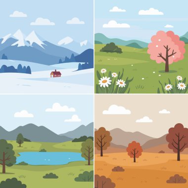 2x2 'lik bir ızgarada dizilmiş dört farklı mevsimsel manzara. Sol tarafta karla kaplı dağlar, küçük bir ev ve bir nehir var. Sağda yeşil bir tarlada çiçek açan pembe ağaçlar ve beyaz çiçekler olan bir bahar manzarası. En altta bir miktar kaldı.