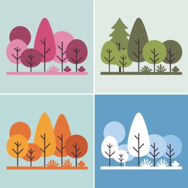 Farklı mevsimleri temsil eden dört farklı orman sahnesi. Sol tarafta yerde pembe ağaçlar ve çiçekler olan bir bahar ormanı var. Sağ tarafta yeşil ağaçları ve küçük bitkileri olan bir yaz ormanı var. Dipte bir sonbahar ormanı, portakal ağaçları ve sonbahar kalmıştı.