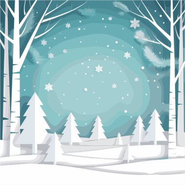 Karla kaplı ağaçlar ve düşen kar taneleriyle sakin bir kış ormanı sahnesi. Arkaplan mavi ve beyaz renklerin gradyanı, buzlu ve soğuk bir atmosfer yaratıyor. Sahne boyunca çeşitli boyutlarda kar taneleri saçılmış, kışı daha da güzelleştiriyor.