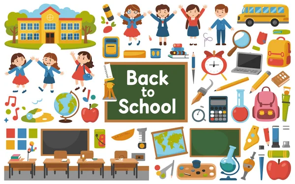 Okula dönüş teması etrafında canlı ve renkli bir tema. Okul üniforması giymiş neşeli çocuklar, sırt çantaları, kitaplar, kalemler ve bir elma gibi çeşitli okul malzemelerini içerir. Sahne aynı zamanda bir dünya gibi eğitici.