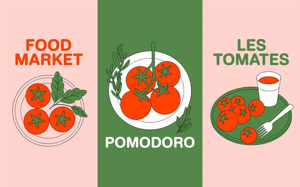 Üç tabak domates üç parçalı bir formatta dizildi. Sol ve sağ arka planda sırasıyla 