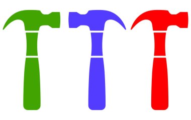 Üç çekiç, her biri farklı renkte: yeşil, mavi ve kırmızı. Çekiçler düz bir şekilde tasvir edilir, katı renkler ve basit ana hatlarla. Her çekicin kendine has bir baş ve sapı vardır ve düz bir alana karşı yan yana dizilmişlerdir.