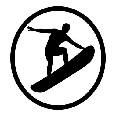 Dalgalarda süzülen siyah bir sörfçü silueti dairesel bir çerçeveye sarılı. Sörfçü dinamik bir pozla tasvir edilir, sörf tahtasının üzerinde dengede durur, bir kolu ileri uzanıp diğer kolu bükülür. Arkaplan bembeyaz, katıksız bir kontra sağlıyor.