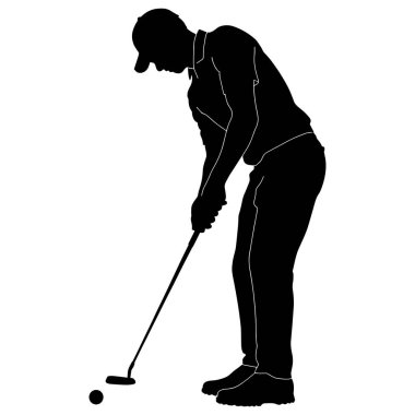 Golf sahasında bir golfçünün siyah silueti. Golfçü odaklanmış bir şekilde bir golf sopası tutuyor ve bir golf topuna nişan alıyor. Siluet beyaz bir arkaplana karşı beyazla çizilmiş, katıksız bir zıtlık yaratıyor