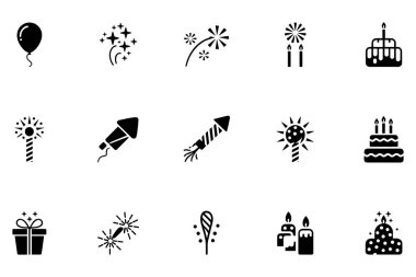 Bir balon, havai fişekler, mumlar, pastalar, maytaplar ve hediyeler de dahil olmak üzere çeşitli kutlamaları temsil eden siyah beyaz bir koleksiyon. Her biri basit, temiz ve stilize edilmiş, onları şenlikli ve kutlayıcı bağlamlarda kullandırıyor. Mono.