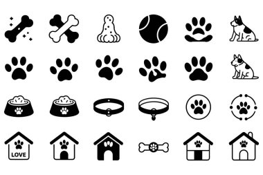 Köpekler ve evcil hayvan bakımıyla ilgili siyah beyaz koleksiyonu. Köpek kemikleri, pençe izleri, tenis topu, köpek tasmaları, köpek tasmaları ve köpek evlerinin çeşitli tasmaları dahil. Basit, temiz ve stilize edilmiş olanlar, onları w gibi çeşitli kullanım alanları haline getirir.