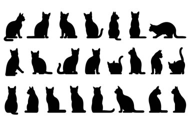 Farklı pozlarda siyah kedi siluetleri koleksiyonu, hepsi temiz beyaz arka planda. Siluetler kedileri farklı oturarak ve ayakta durarak tasvir ediyor, çeşitli duruş ve yönelimler sergiliyorlar. Minimalist stil vurguluyor