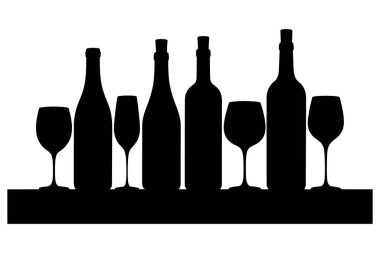 Masaya dizilmiş üç şarap şişesi ve üç şarap kadehinden oluşan siyah bir siluet. Siluetler beyaz bir arkaplana karşı durarak minimalist ve kompozisyon oluşturuyor. Şarap şişeleri şekil ve boyut olarak farklıyken, şarap kadehleri bir sınıf farklıdır.