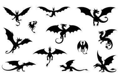 Çeşitli ejderhaları ve yarasa benzeri yaratıkları tasvir eden siyah bir siluet koleksiyonu. Her siluet farklı pozlar sergiliyor ve kanatlarını, kuyruklarını ve sivri uçlarını vurguluyor. Yaratıklar ayrıntılı ve çeşitlidir, bazıları ejderhaya benzer ve...