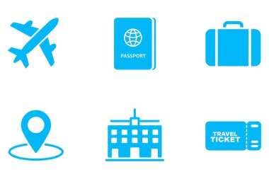 Bir şebekeye yerleştirilmiş altı mavi seyahat seti. Çapraz çizgili bir uçak, içinde dünya sembolü olan bir pasaport, bir bavul, bir harita broşu, bir otel binası ve bir seyahat bileti. Her biri düz, minimalist tarzda dizayn edilmiştir.