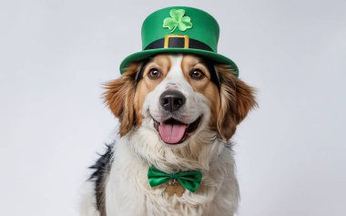 Beyaz, kahverengi ve siyah kürklü neşeli bir köpek altın tokalı yeşil bir leprikon şapka ve uyumlu yeşil bir papyon takıyor. Köpek mutlu bir ifadeyle doğrudan kameraya bakıyor ve dili düz bir sırta doğru uzanıyor.