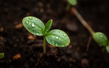 Su damlacıklarıyla kaplı iki geniş yapraklı küçük yeşil bitkinin yakın görüntüsü. Bitki, ışığı yansıtan damlacıklarla birlikte, karanlık ve zengin topraklarda yetişiyor ve yeni ve canlı bir görünüm yaratıyor. Arkaplan bulanık, odaklanma oranı
