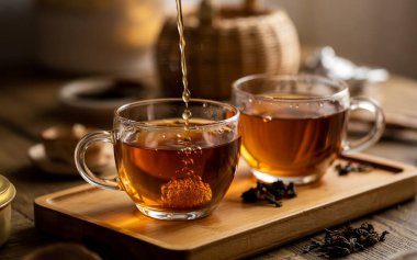 Kehribar renkli çayla dolu iki temiz bardak, biri çaydanlıktan dökülüyor. Bardaklar ahşap bir tepsiye konur, kırsal bir ahşap masada durur. Fincanların etrafında dağılmış çay yaprakları görülebilir, doğal ve kuzen eklenir.