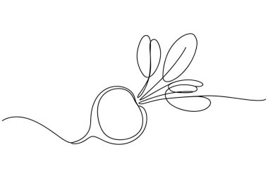 Yeşil yapraklı bir turpun tek çizgi çizimi basit sağlıklı yiyecekleri minimalist bir şekilde temsil ediyor.