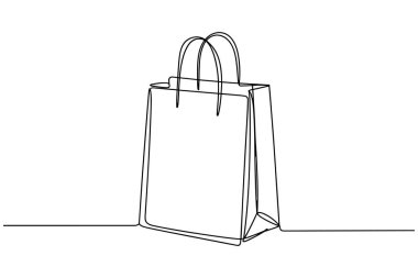Temiz beyaz arka planda izole edilmiş saplı bir alışveriş çantasının minimalist çizimi