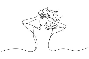 Minimalist tek çizgi bir kadının başını ve omuzlarını tasvir ediyor. Ellerini saçlarının arasında, beyaz bir zemine dayamış.