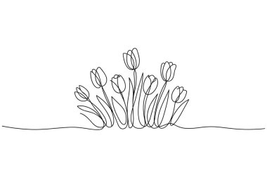 Zarif siyah ve beyaz aralıksız çizgili sanat, saplı ve yapraklı bir lale kümesini tasvir ediyor.