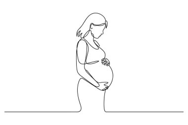 Minimalist tek çizgili hamile bir kadın nazikçe elleriyle karnını şişiriyor.