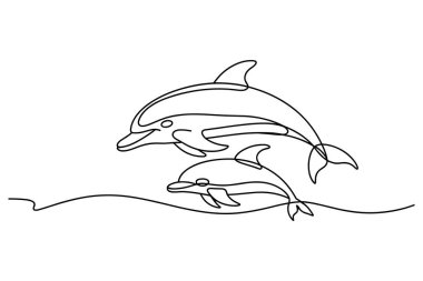 Basit ve zarif bir çizgi, iki yunusun zarif bir şekilde sudan atladığını gösteriyor.