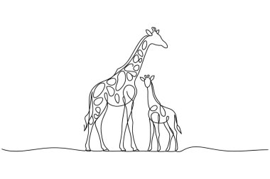 Bir ebeveyn ve çocuk zürafa bembeyaz arka planda basit ve kesintisiz bir çizgi sanat tarzıyla tasvir edilmiştir.