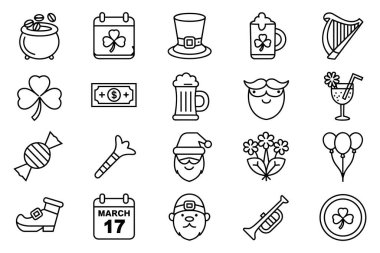Aziz Patrick Günü temalı bir ikon koleksiyonu. İçinde bir leprikon, bir küp altın, bira, yonca, arp ve balonlar var..