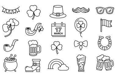Aziz Patrick Günü sembol ve temalarını temsil eden basit çizgi sanat simgeleri koleksiyonu.